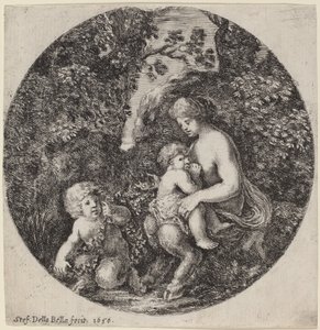 Kvindelig Satyr, der ammer et barn i et skovklædt landskab af Stefano della Bella