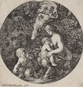 Kvindelig Satyr, der ammer et barn i et skovklædt landskab, 1656.