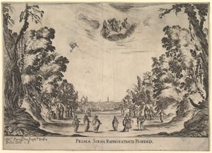 Første scene, i Firenze, fra gudernes ægteskab Le nozze degli Dei, 1637. af Stefano della Bella