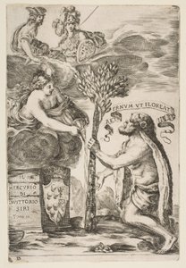 Frontispice til Il Mercurio, III: Hercules Planting His Club, 1652. af Stefano della Bella