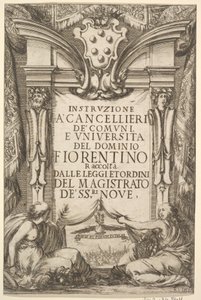 Frontispice for instruktioner for kanslere Instruzione a Cancellieri: Medici frakke ..., 1635. af Stefano della Bella