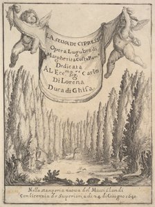 Frontispice til Cypress Forest La selva di cipressi: to putti holder et gobelin i..., 1640. af Stefano della Bella