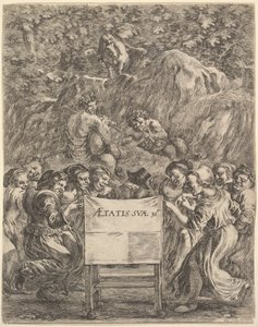 Frontispice til The Works of Scarron uvres de Scarron, digteren siddende i en stol..., 1649. af Stefano della Bella