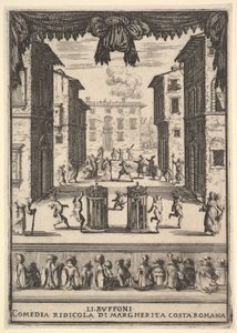 Frontispice til komedien The Buffoons Li Buffoni, en scene på scenen, der ligner en pu..., 1639-41. af Stefano della Bella