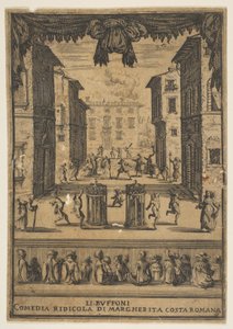 Frontispice til komedien The Buffoons Li Buffoni, et sæt på scenen, der ligner en p..., ca. 1639. af Stefano della Bella