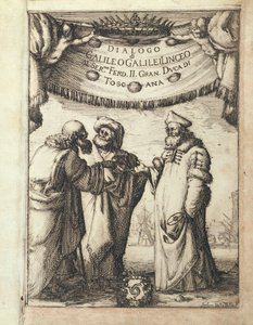 Galileo (til venstre) i samtale med Ptolemæus (i midten) og Copernicus, illustreret frontispice fra Dialogo sopra i due Massimi Sistemi del Mondo, Tolemaico e Copernicano (Dialog om to vigtigste verdenssystemer, ptolemæisk og kopernikansk)