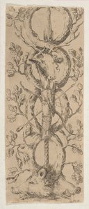 Hoveder af en kronhjort og to orner i Rinceaux of Oak Branches, ca. 1653. af Stefano della Bella