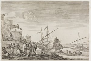 Udsigt over havnen i Livorno: Huse med udsigt over en havn af Stefano della Bella