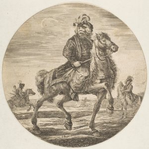 Ungarsk rytter rider mod højre, andre ryttere i baggrunden, et cirku..., ca. 1651. af Stefano della Bella