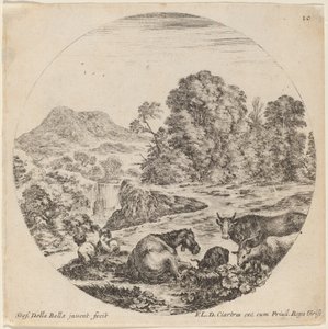 Landskab med dyr og to siddende hyrder, 1646. af Stefano della Bella
