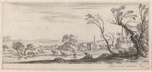 Landskab med en bonde, der forbereder sig på at krydse en strøm, i eller før 1647. af Stefano della Bella