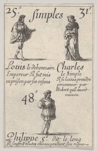 Louis le debonnaire... Charles le Simple, fra Game of the Kings of France Jeu des Rois..., 1644. af Stefano della Bella