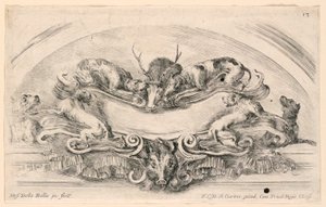 Lunette med skilte, nr. 13 fra "Samling af forskellige luner og ni opfindelser af mapper og ornamenter" af Stefano della Bella