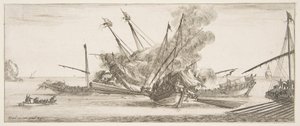 Søkamp, et skib i midten, set bagfra, skyder mod fire fjendtlige skibe, et andet ..., ca. 1641. af Stefano della Bella