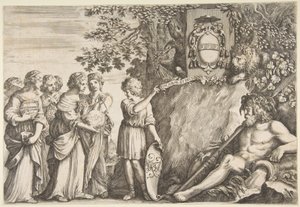 Ornamentdesign til et speciale, Strozzi-våbenskjoldet øverst, ca. 1660. af Stefano della Bella