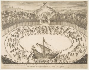 Paradeflyder i form af et skib, storhertugen af Modenas våbenskjold øverst, 1652. af Stefano della Bella