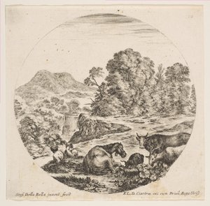 Plade 10: en hest liggende i midten, en ko og to geder til højre, to siddende fåre..., ca. 1646. af Stefano della Bella