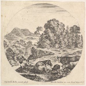 Plade 10: en hest liggende i midten, en ko og to geder til højre, to siddende sh..., ca. 1643-48. af Stefano della Bella