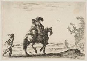Tavle 10: en rytter og en kvinde, set bagfra, ridende mod højre med en ung ..., 1642. af Stefano della Bella