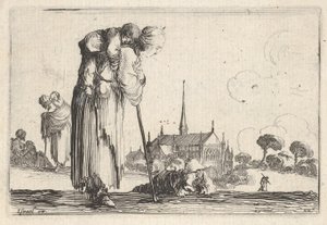 Tavle 10: en bondekone vendt mod højre med et barn på ryggen, en dreng lyi..., ca. 1642. af Stefano della Bella