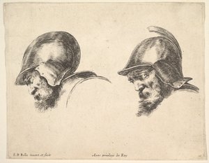 Plade 10: to hoveder af gamle soldater med hjelme, begge vendte mod venstre og nedad..., ca. 1641. af Stefano della Bella