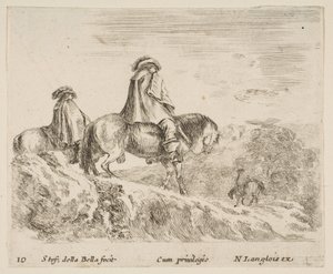 Plade 10: to ryttere, der går ned af et bjerg til venstre, en anden rytter til højre i ..., ca. 1644-47. af Stefano della Bella