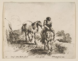 Tavle 11: en ung rytter, set forfra, der fører en anden hest, fra Diver..., ca. 1644-47. af Stefano della Bella
