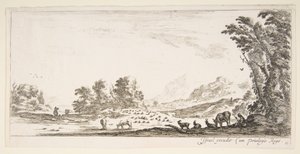 Plade 11: hyrdinde, der sidder til højre under et træ og ser sin flok til venstre..., ca. 1641. af Stefano della Bella