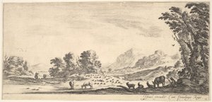 Plade 11: hyrdinde, der sidder til højre under et træ og ser sin flok til venstre..., ca. 1641. af Stefano della Bella