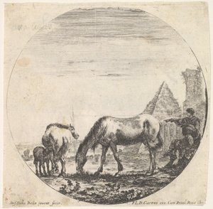 Plade 11: Caius Cestius pyramide til højre i baggrunden, en hest, der græsser ..., ca. 1643-48. af Stefano della Bella