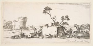 Plade 12: en siddende tegner til venstre, en stående hyrde ved siden af ham til højre, ruin..., ca. 1641. af Stefano della Bella