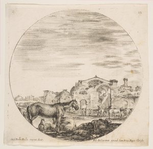 Plade 12: en hyrde sover på jorden til højre, tre heste til venstre, andre heste..., ca. 1646. af Stefano della Bella