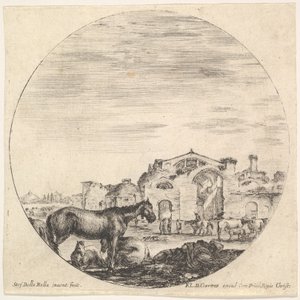 Plade 12: en hyrde sover på jorden til højre, tre heste til venstre, andre h..., ca. 1643-48. af Stefano della Bella