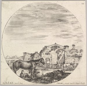 Plade 12: en hyrde sover på jorden til højre, tre heste til venstre, andre h..., ca. 1643-48. af Stefano della Bella