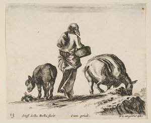 Tavle 13: en bondekone, set bagfra, med en kurv i midten, et æsel..., ca. 1644-47. af Stefano della Bella