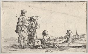 Plade 13: to bønder stående til venstre, en krøbling knælende på jorden i midten, en..., ca. 1642. af Stefano della Bella