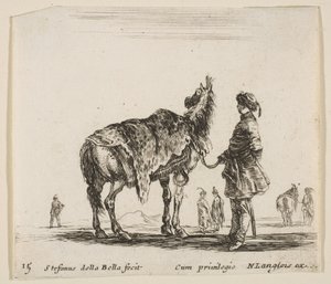 Tavle 15: en polsk adelsmand, der vender væk, holder sin hest dækket af leopardskind..., ca. 1644-47. af Stefano della Bella