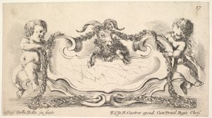 Plade 17: en kartouche med et marmorcenter, et spædbarn på hver side holder en guirlandeove..., 1646. af Stefano della Bella