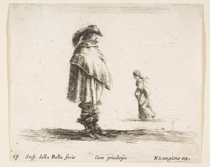Plade 17: en mand iført en plymerhat i midten vendt mod højre, en kvinde går mod..., ca. 1644-47. af Stefano della Bella