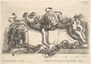 Plade 18: en kartouche indeholdende et tomt våbenskjold, to løvinder, en til venstre og en i cen..., 1646. af Stefano della Bella