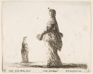 Plade 18: en adelig kvinde, der går mod venstre med en fjervifte, en anden kvinde..., ca. 1644-47. af Stefano della Bella