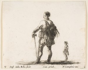 Tavle 19: en polsk adelsmand i hofdragt, stående i midten, set bagfra, en..., ca. 1644-47. af Stefano della Bella
