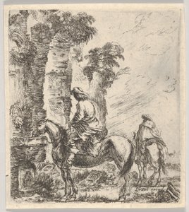 Plade 19: en rytter, der får sin hest til at drikke fra et bassin med et springvand til venstre, en anden h..., ca. 1646. af Stefano della Bella