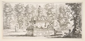 Plade 1: et monument med statuer og et våbenskjold i midten, en tegner på..., ca. 1643. af Stefano della Bella