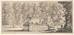 Plade 1: et monument med statuer og et våbenskjold i midten, en tegner på..., ca. 1641. af Stefano della Bella