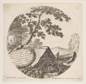 Plade 1: fragmenter fra oldtidsminder, fra romerske landskaber og ruiner Paysages..., ca. 1646. af Stefano della Bella