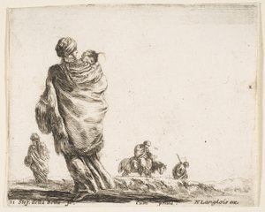 Tavle 21: en fattig kvinde til venstre, set bagfra, indhyllende sit barn i et sjal..., ca. 1644-47. af Stefano della Bella