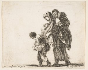 Tavle 22: en tiggerkvinde med tre børn, et barn på skuldrene, et barn..., ca. 1644-47. af Stefano della Bella
