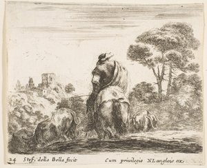 Plade 24: hyrde på toppen af en hest, set bagfra, fører sit kvæg ned ad en bakke, en ..., ca. 1644-47. af Stefano della Bella