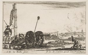 Plade 2: En kanon til venstre, en by i baggrunden, fra Various Military Capric..., ca. 1641. af Stefano della Bella